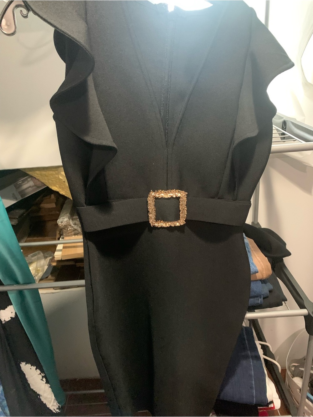 Women's Black Ruffle Sheath Dress with Gold Buckle Belt